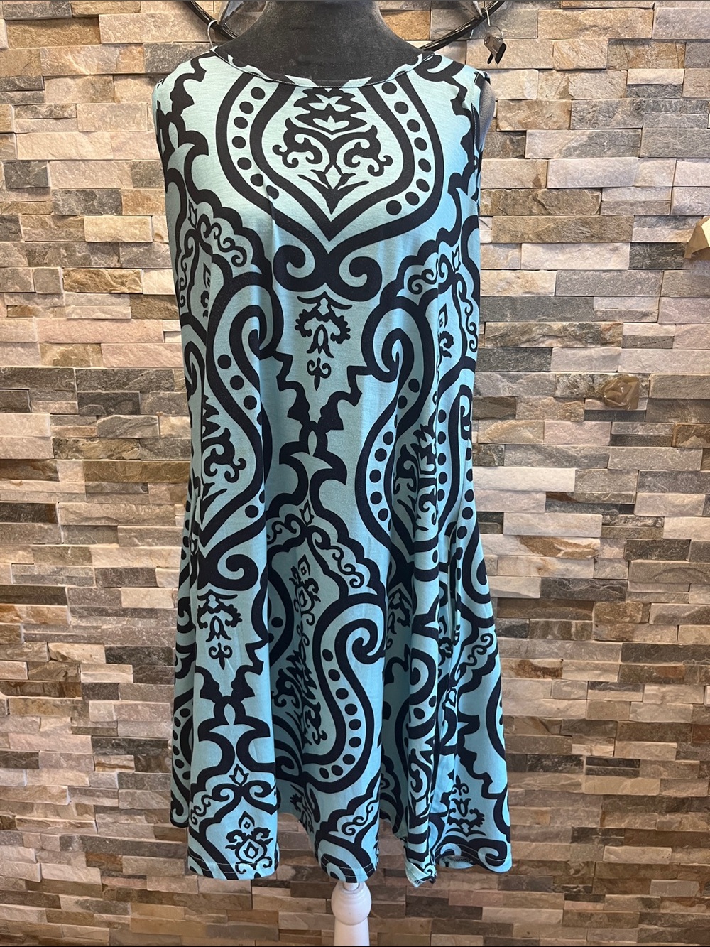Genhoo Sleeveless Aqua & Black Printed A-Line Dress